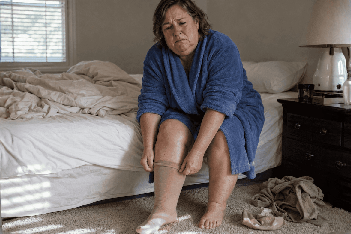 Linda sitting on her bed at 3am, exhausted, pulling on a compression stocking