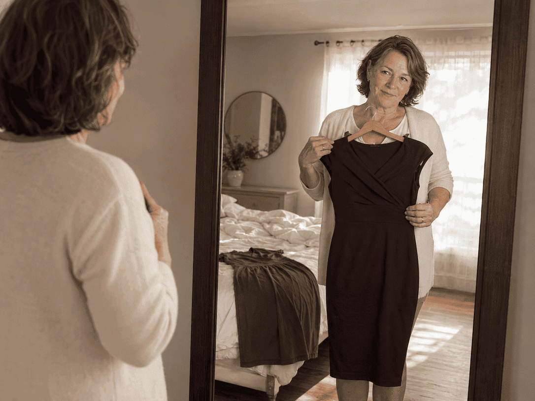 Linda trying on a dress that finally fits